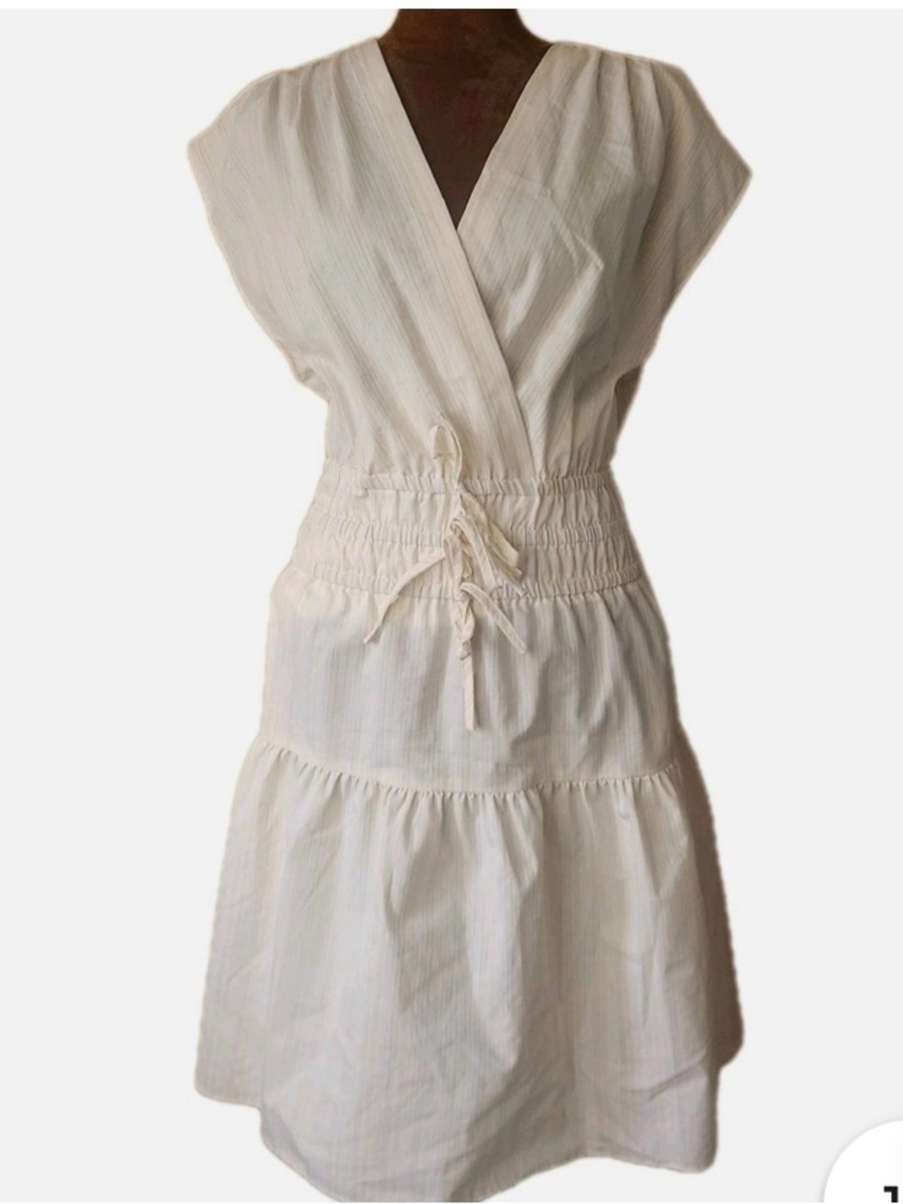 MELLODAY Cream V-Neck Tiered Drawstring Midi Dress
